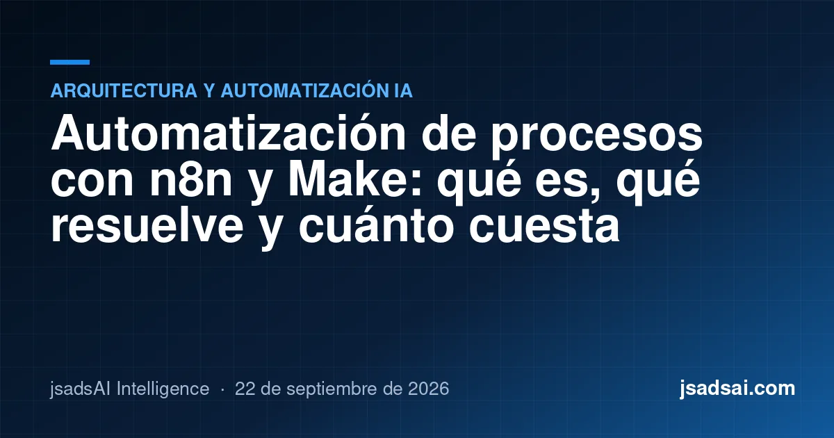 Portada editorial de jsadsAI: Automatización de procesos con n8n y Make: qué es, qué resuelve y cuánto cuesta