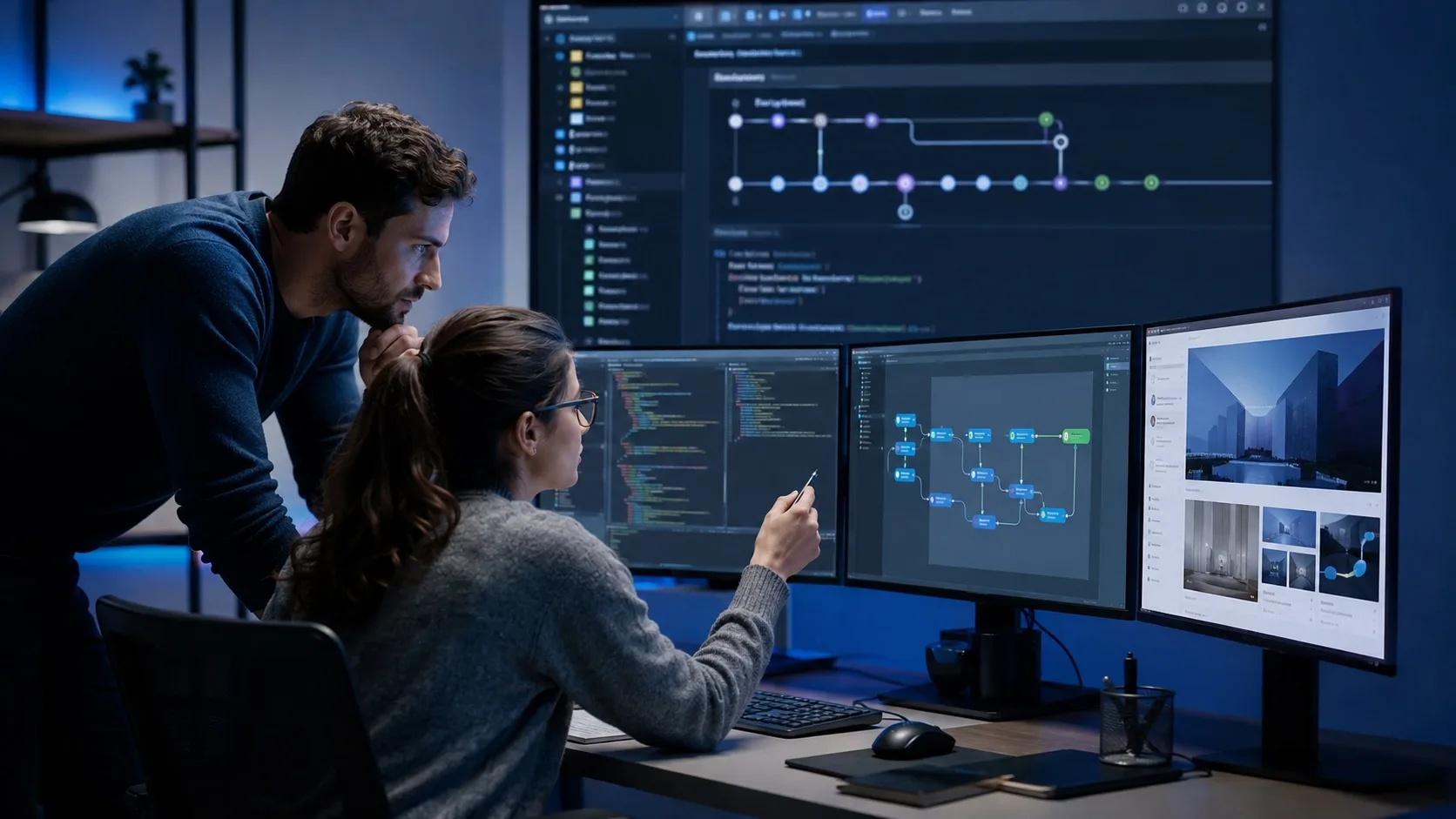 Imagen editorial empresarial sobre desarrollo web con IA y adopción de inteligencia artificial.