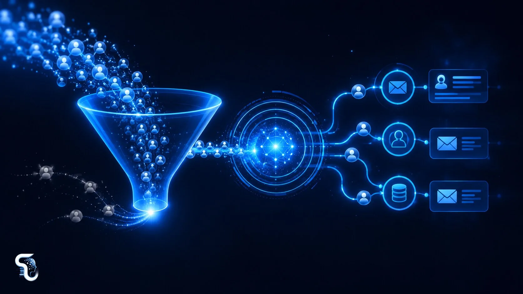 Flujo de automatización de marketing conectando formularios, correo y un CRM con nodos de IA