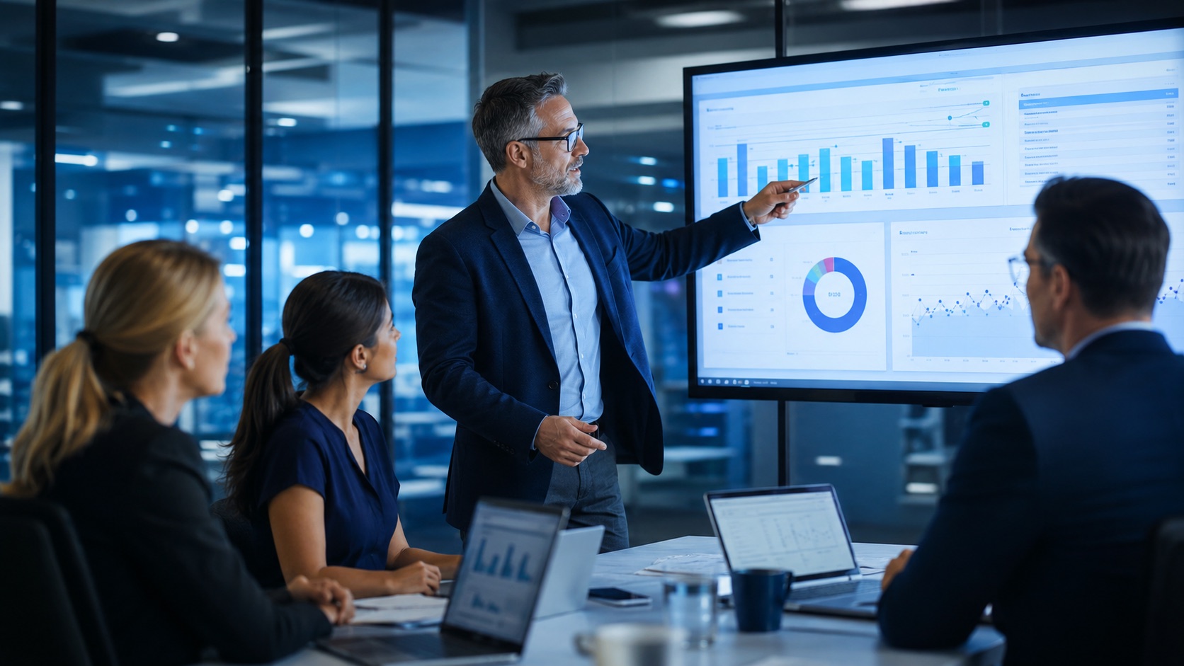 Imagen editorial empresarial sobre ventas con IA y adopción de inteligencia artificial.